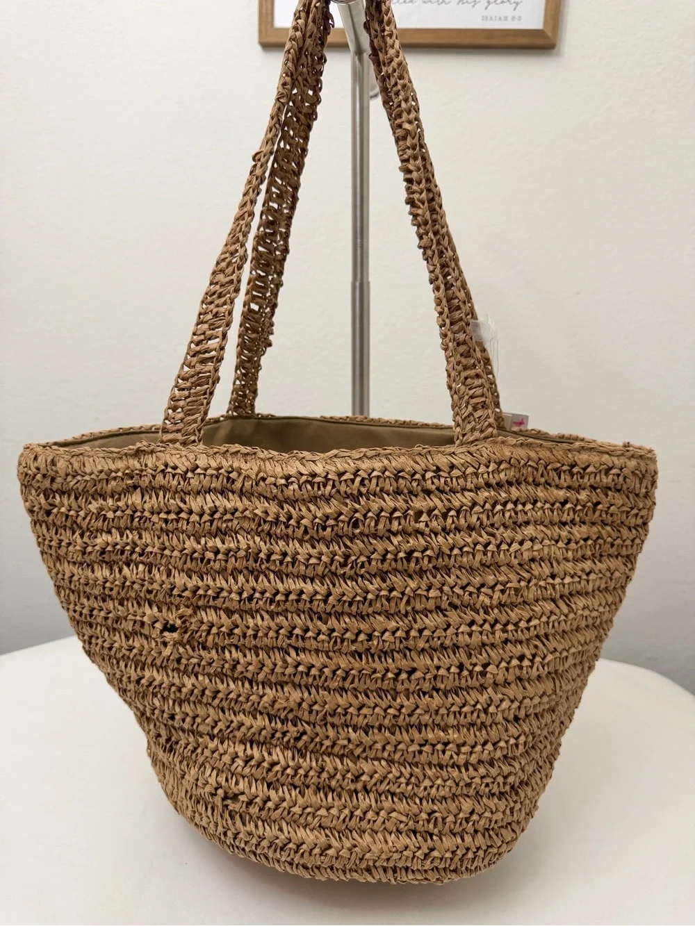 Handcrafted Paper Raffia Tote Bag with Blue Floral Beading